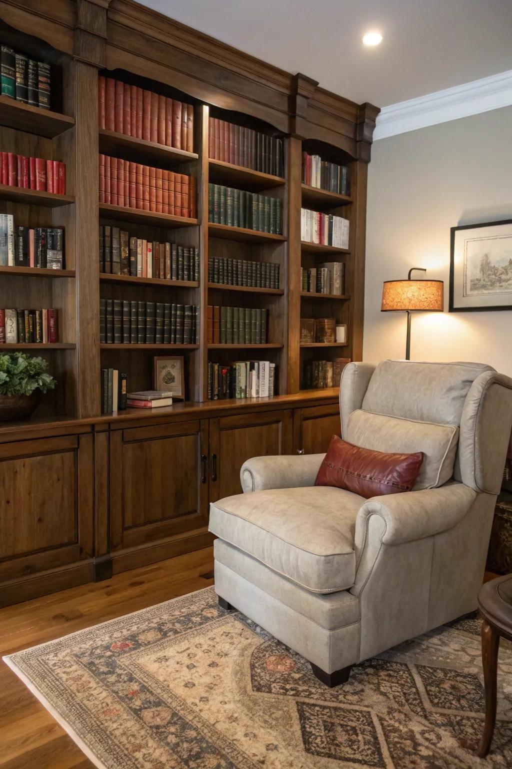 Shelving units enhance the living space with a sense of intellectual allure.