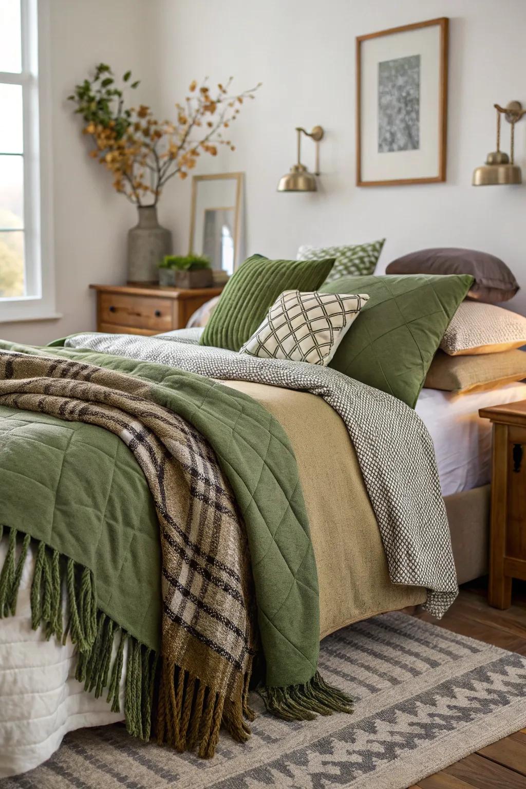 Layers of soft throws enhance the inviting quality of olive green bedding.