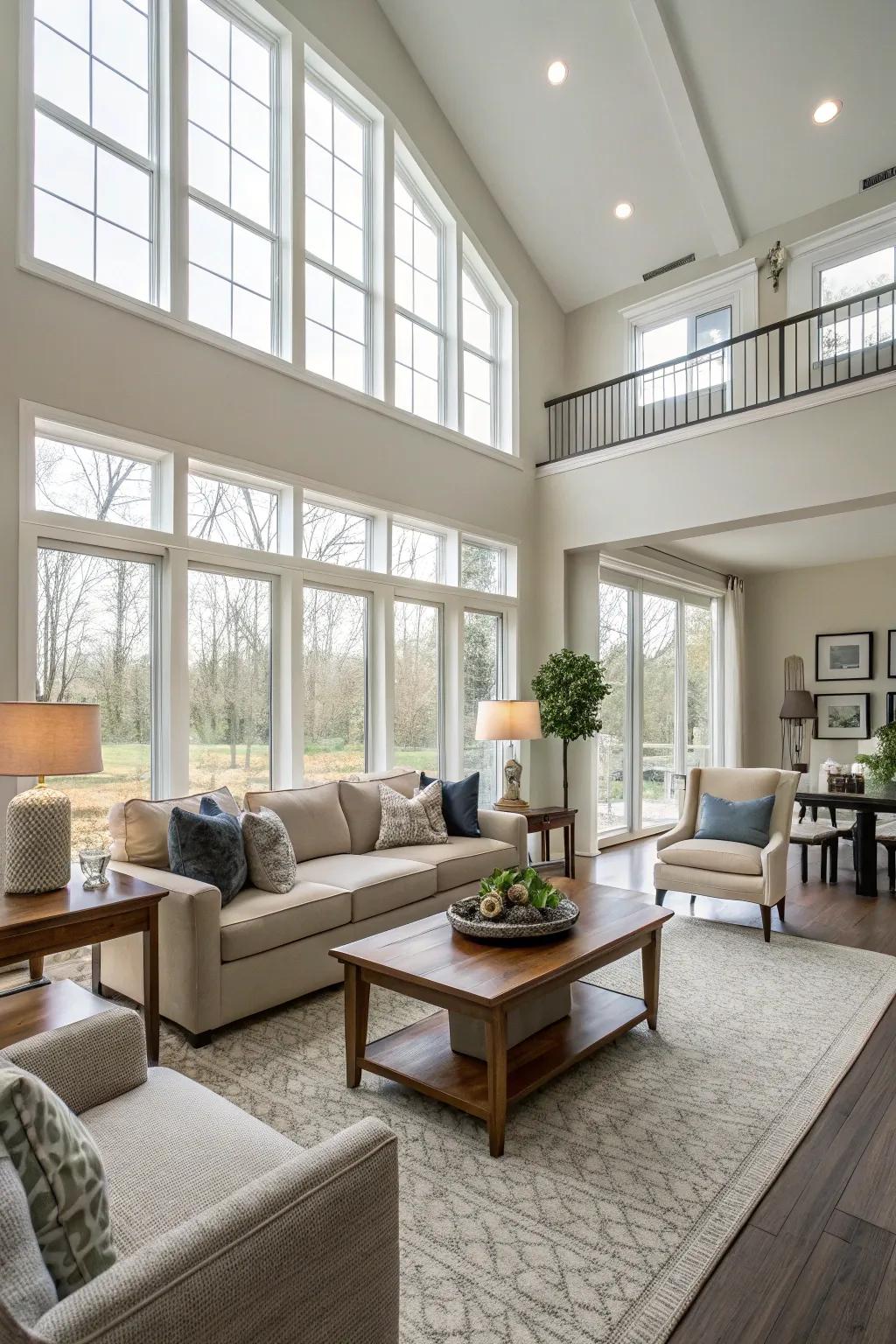 Furnishing arrangement enhances the natural progression of the room.