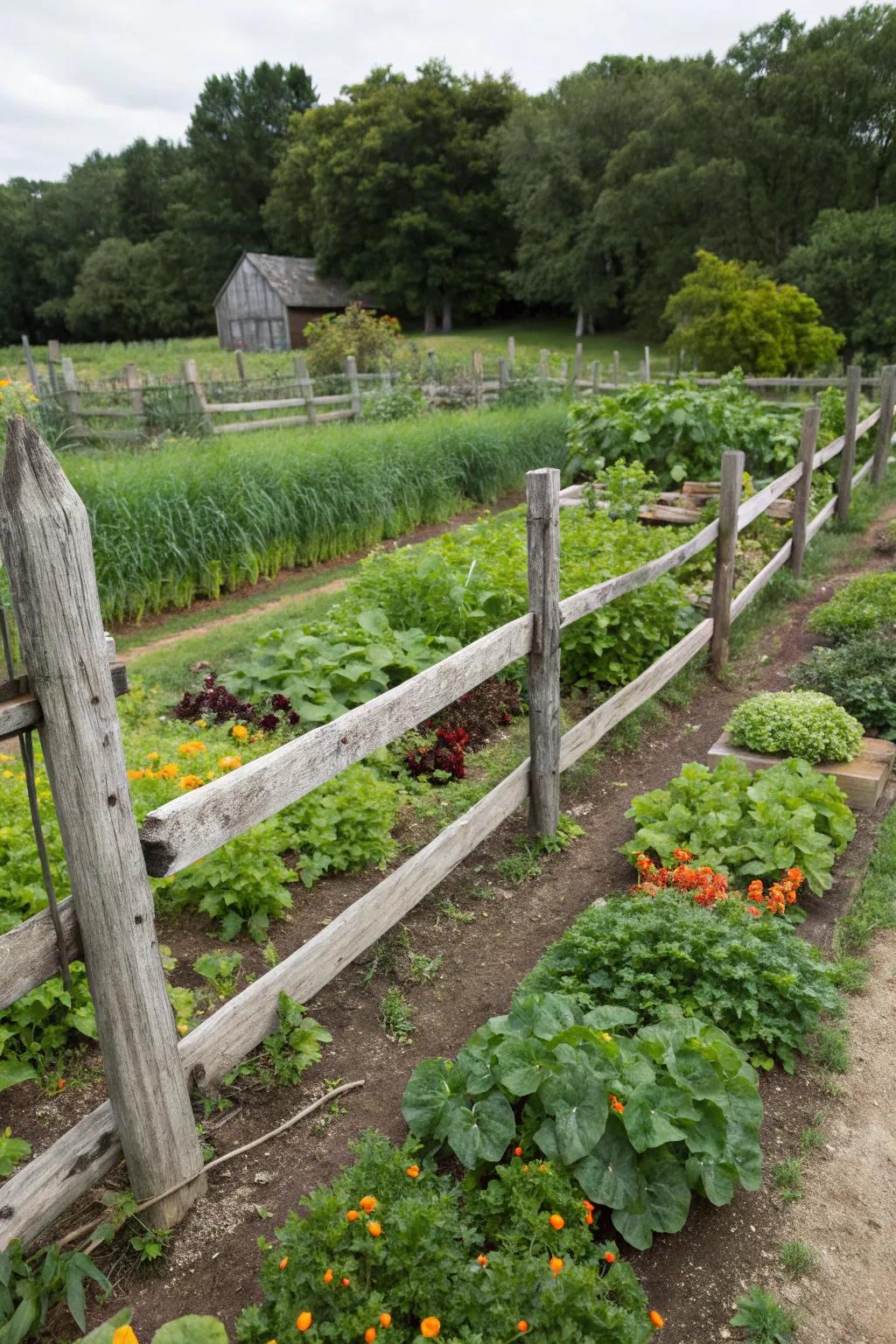 Rustic and useful crisscross fencing for garden environments.
