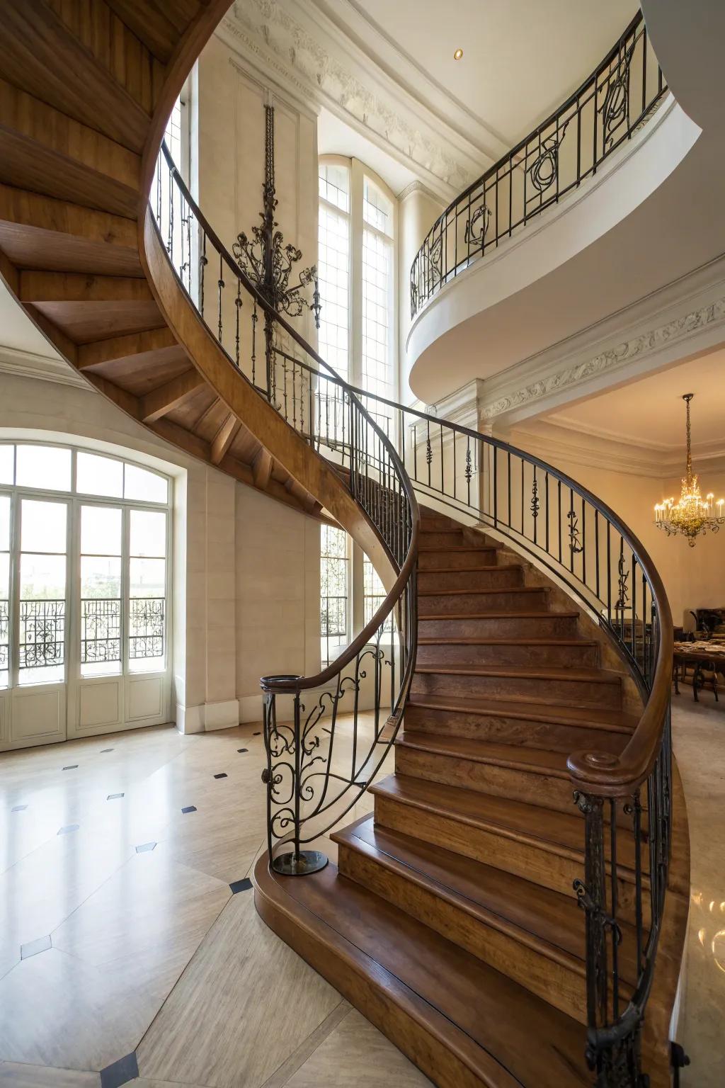 A spiral staircase adds elegance and saves space.