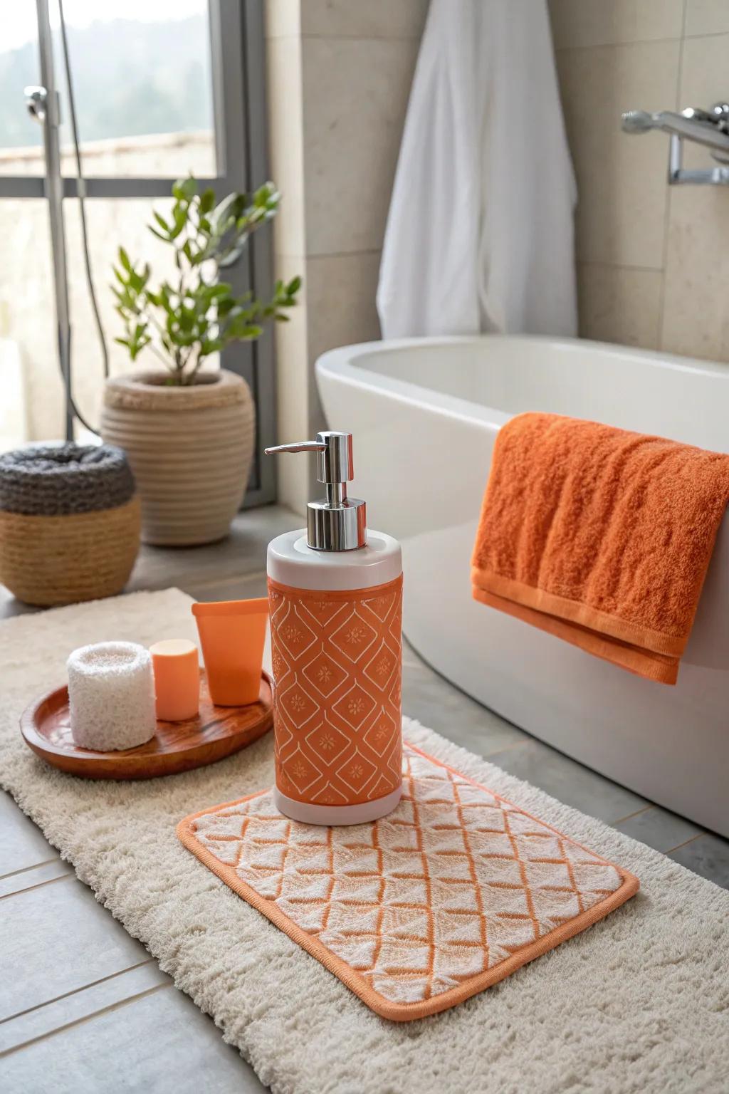 Understated orange accents such as a soap dispenser and bath mat.