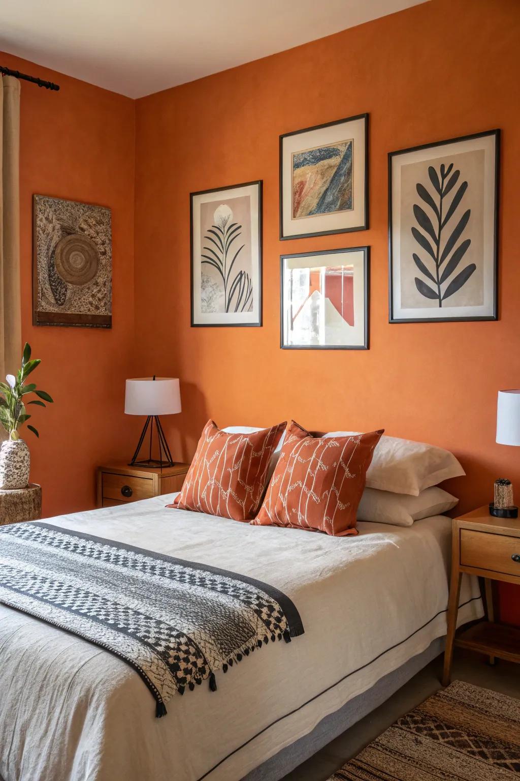 Art pieces improve and coordinate with the orange walls.