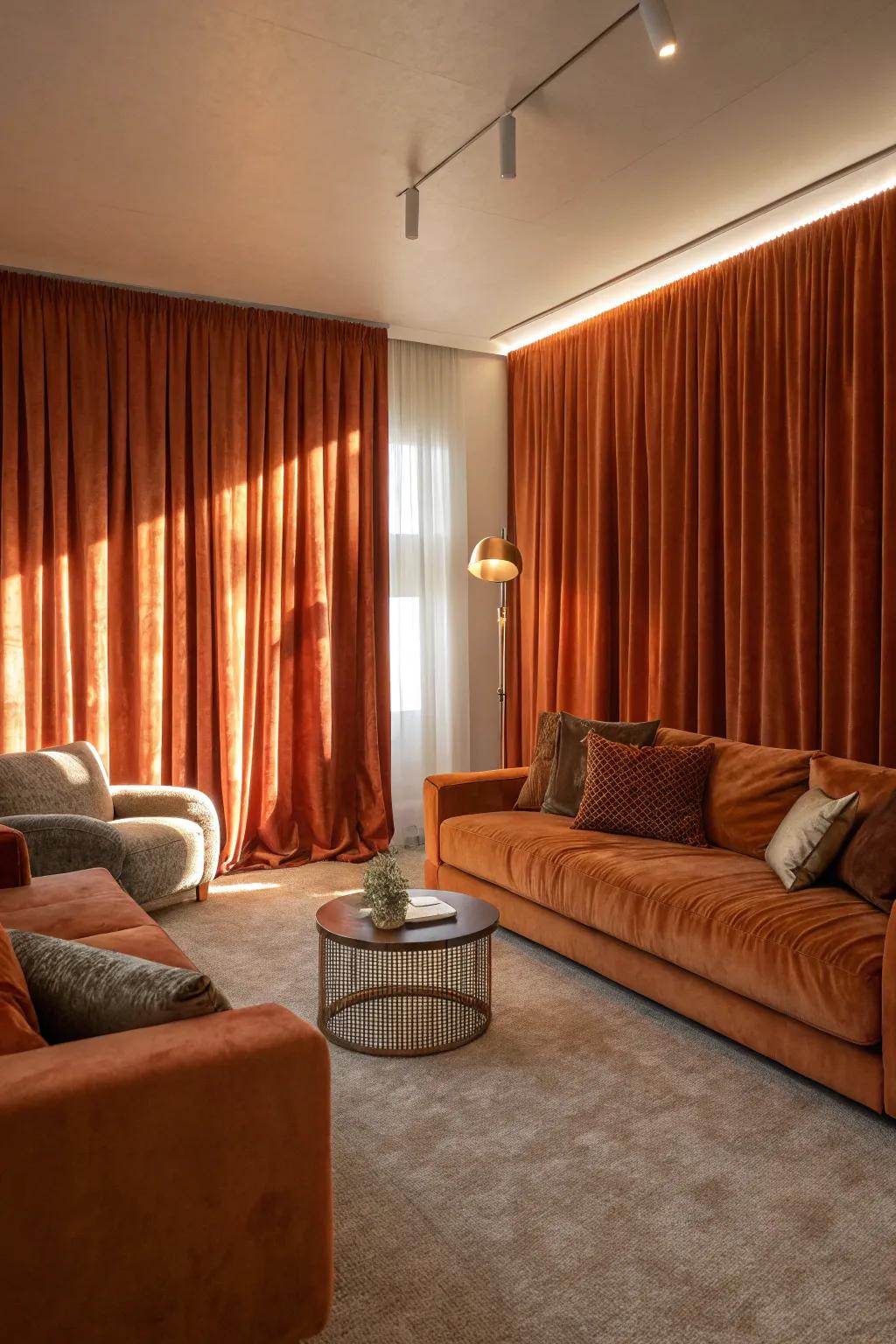 Plush orange window coverings adding a hint of opulence and warmth.