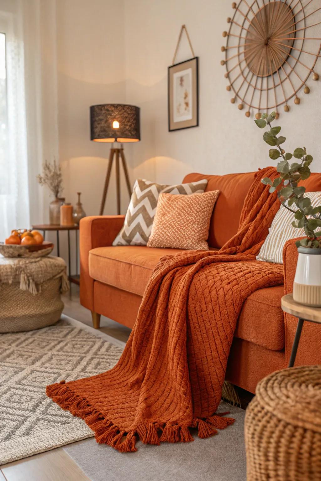 A living space with orange textured design and layered textiles creating a snug atmosphere.