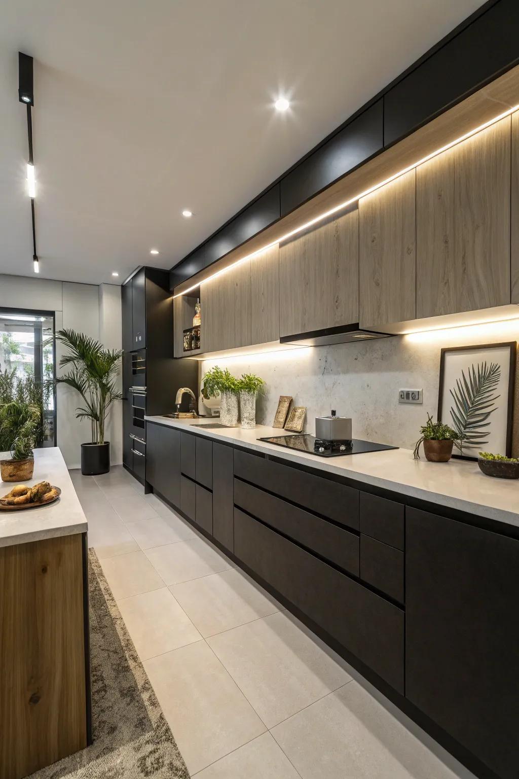 The contrast between light and dark tones enhances visual depth and sophistication.