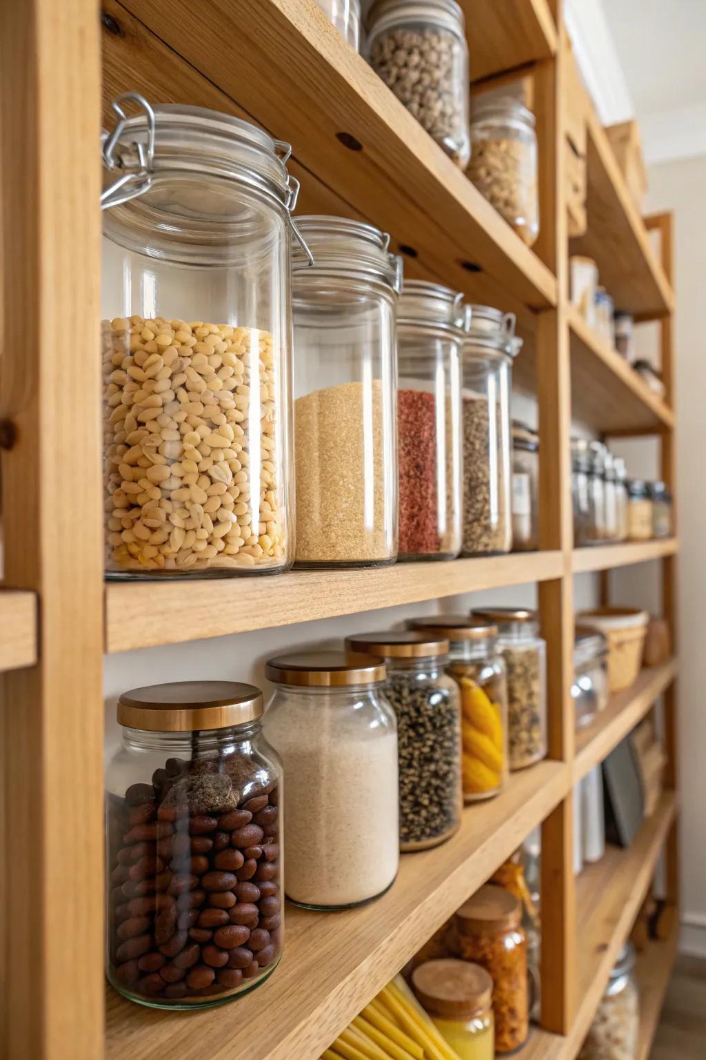 Transparent containers deliver an orderly and unified pantry aesthetic