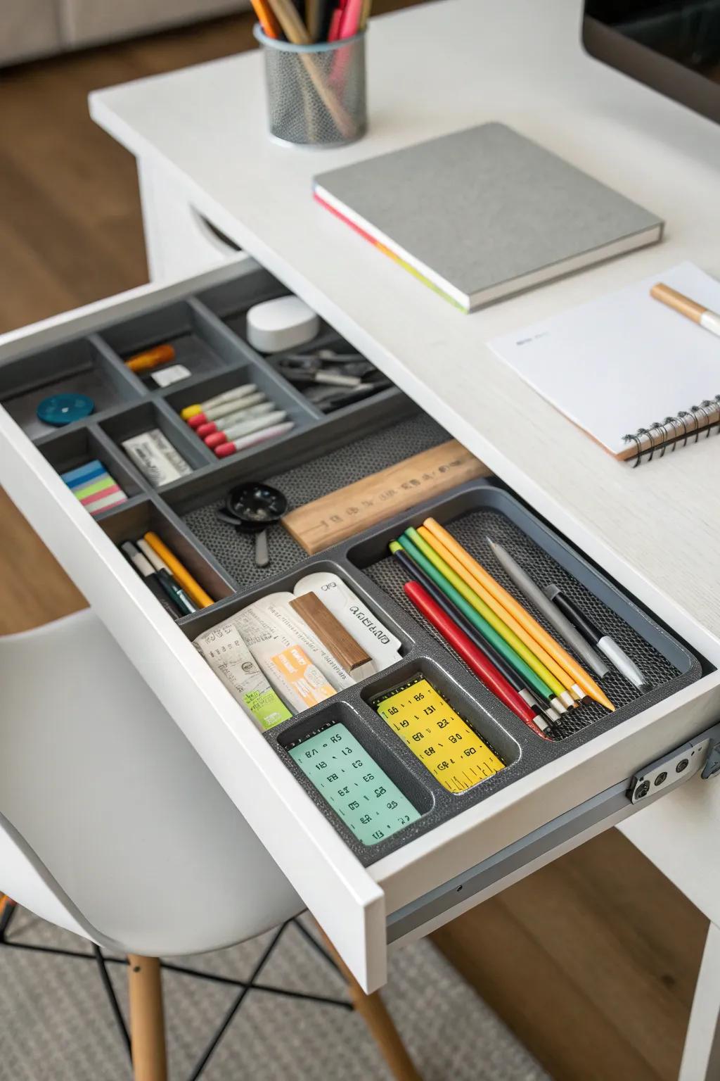 Drawer dividers prevent small items from becoming jumbled.