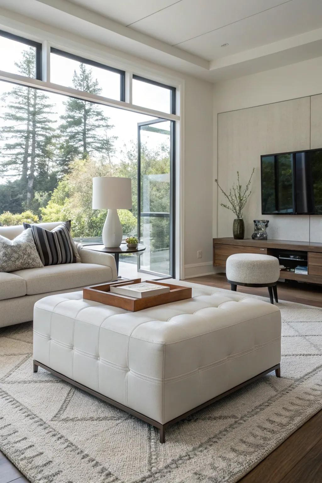 A minimalist ottoman introduces a streamlined feel to a contemporary lounge.