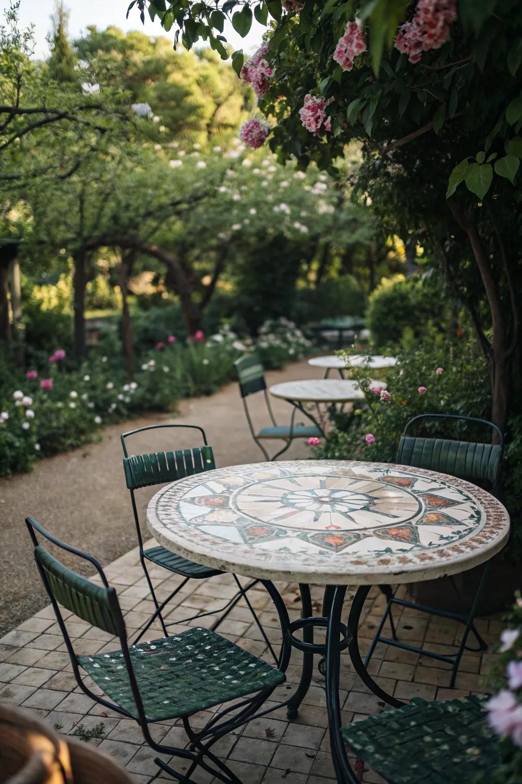 Introduce artistic expression using a mosaic-topped bistro set.