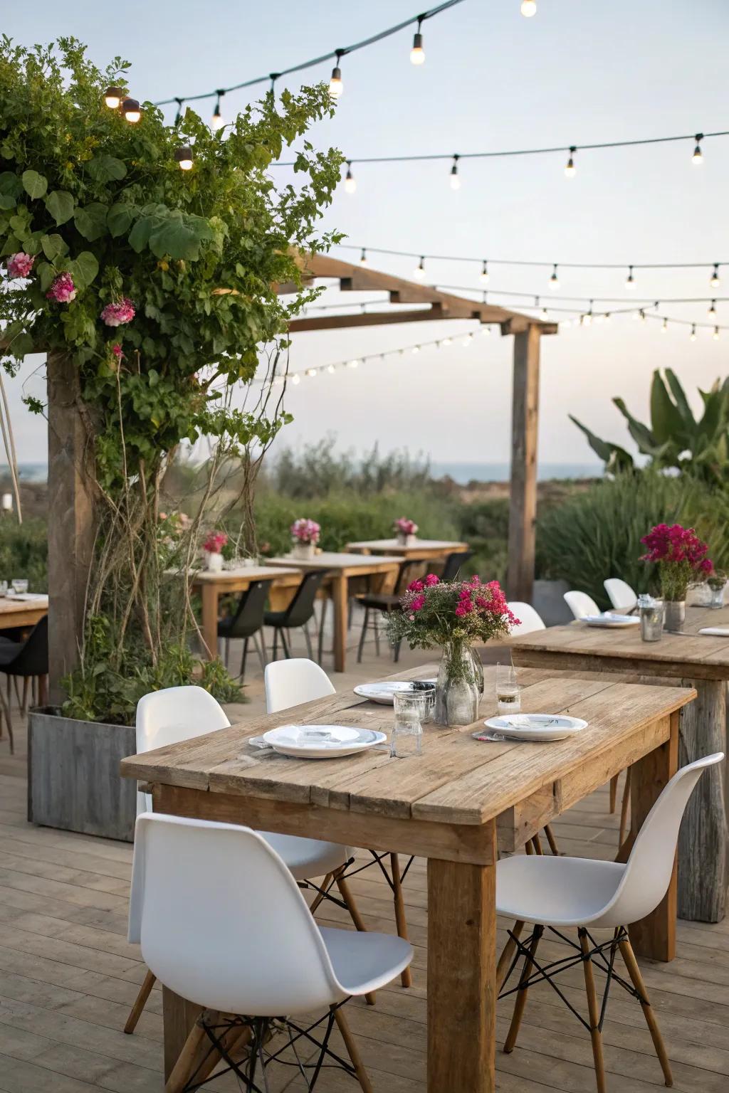 A chic amalgamation of country and contemporary facets in outdoor dining.