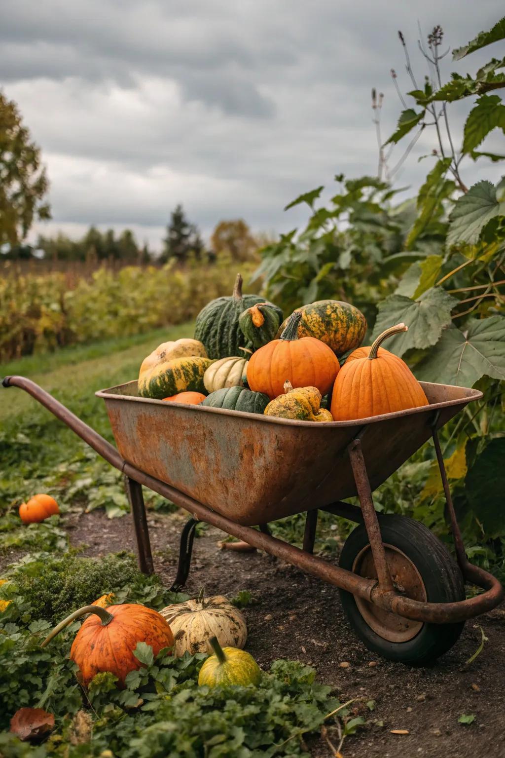 A barrow overflowing with gourds and squashes crafts a nostalgic spectacle.