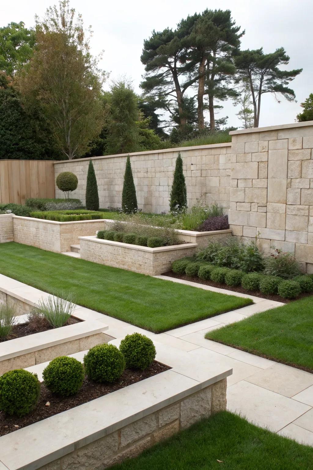 Geometric stone walls contribute a polished, modern impression.