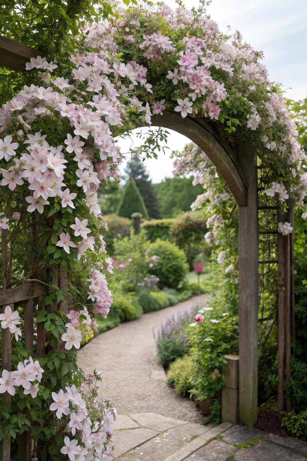 A garden archway adorned with vibrant climbing clematis flowers.