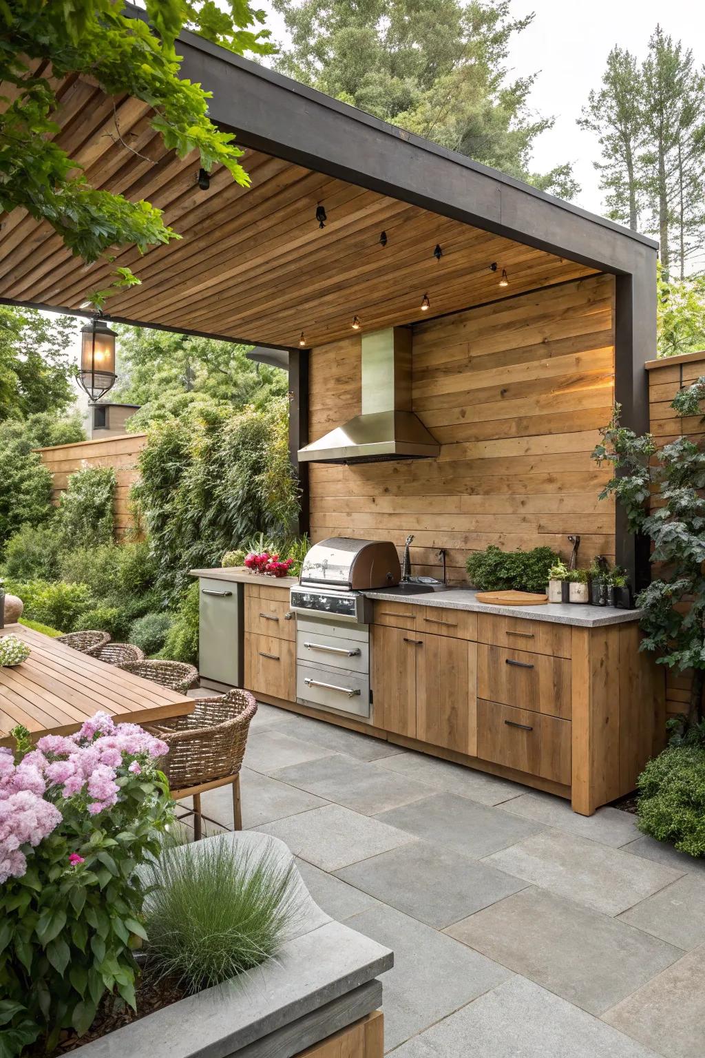 Wood panel backsplashes bring a natural, warm, and balanced feel to outdoor cooking spaces.