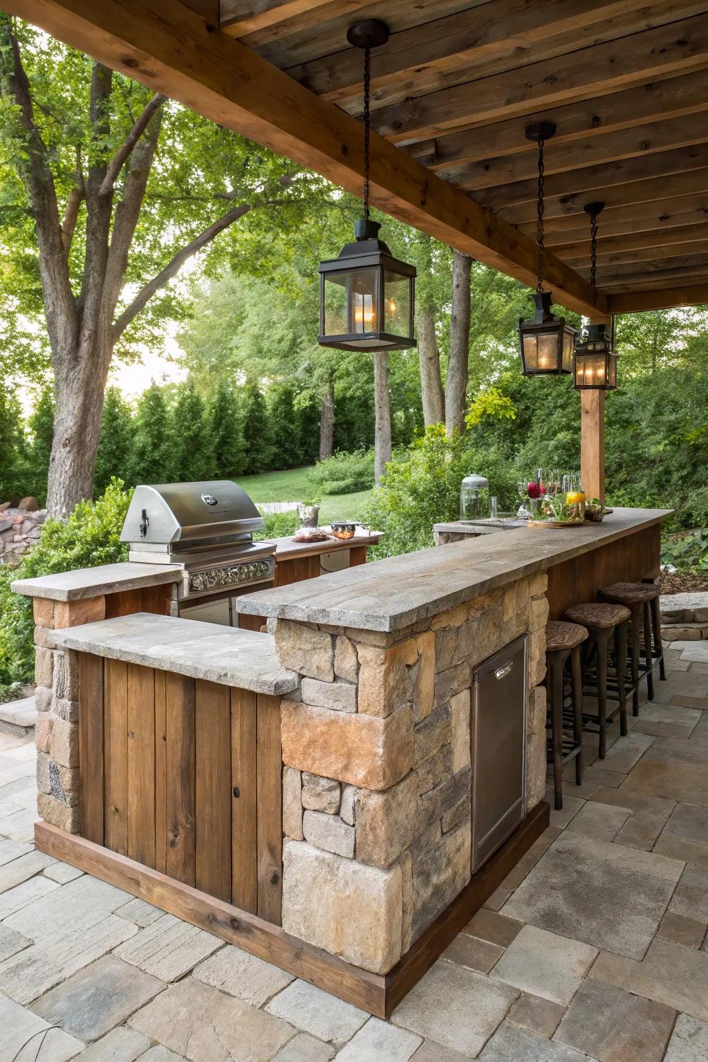 Rustic materials compose a welcoming and warm outdoor hideaway.
