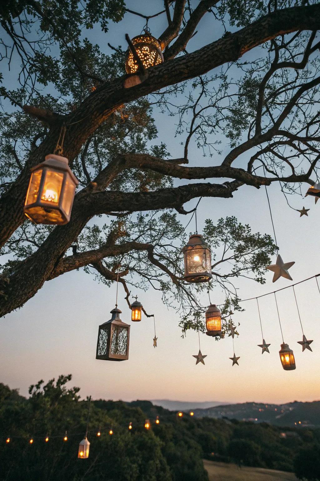 Welcome countryside charm with suspended luminaries.