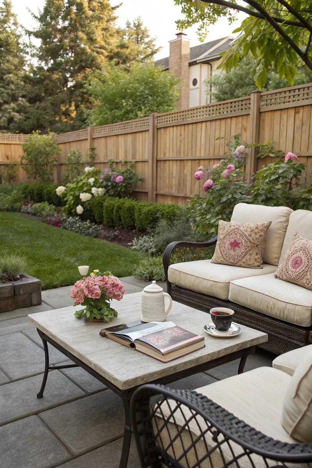 Unwind in elegance with cozy, weather-resistant outdoor seating.