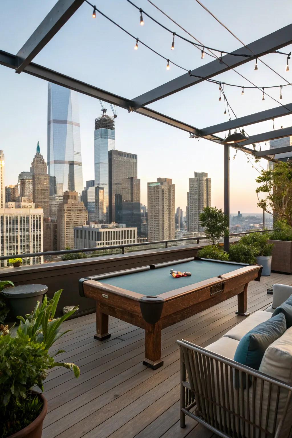 A rooftop veranda showcasing a billiard table, complemented by awe-inspiring urban vistas.