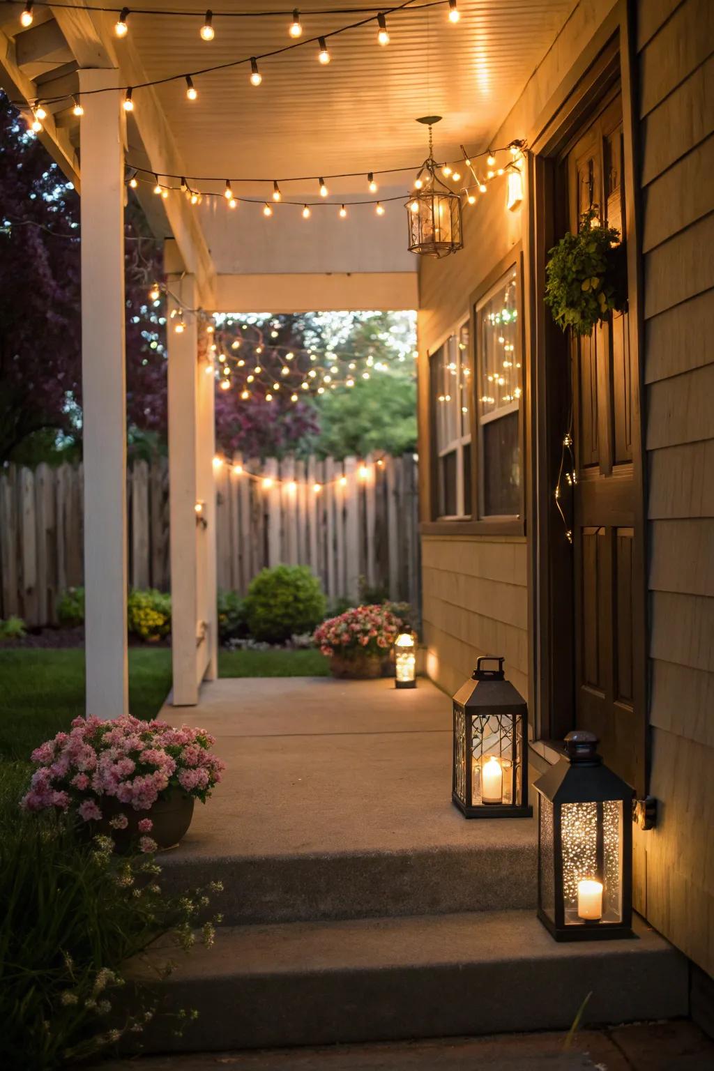 String lights and lanterns cast a warm, inviting radiance over this porch.