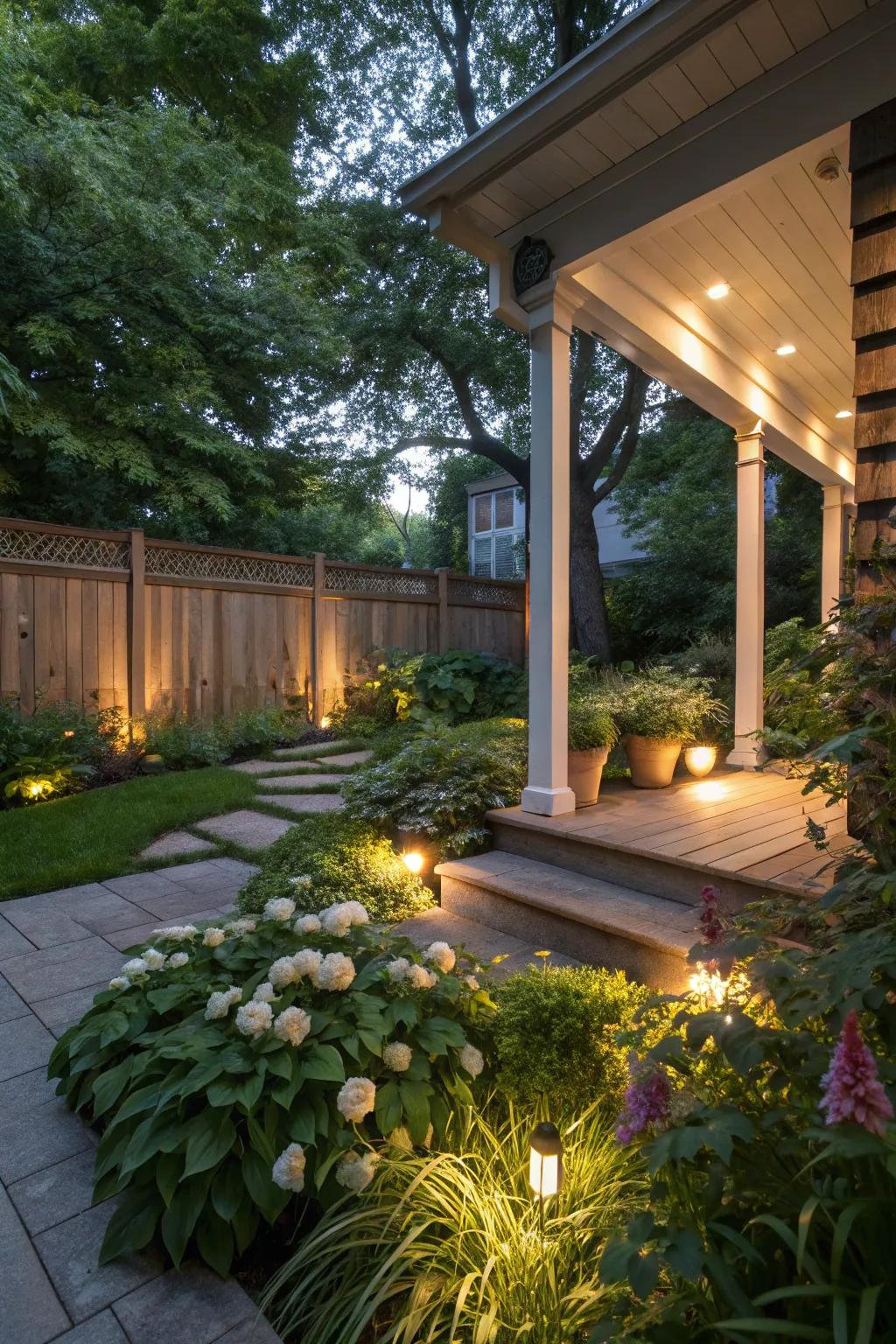 Unify porch illumination with nature for a consistent aesthetic.