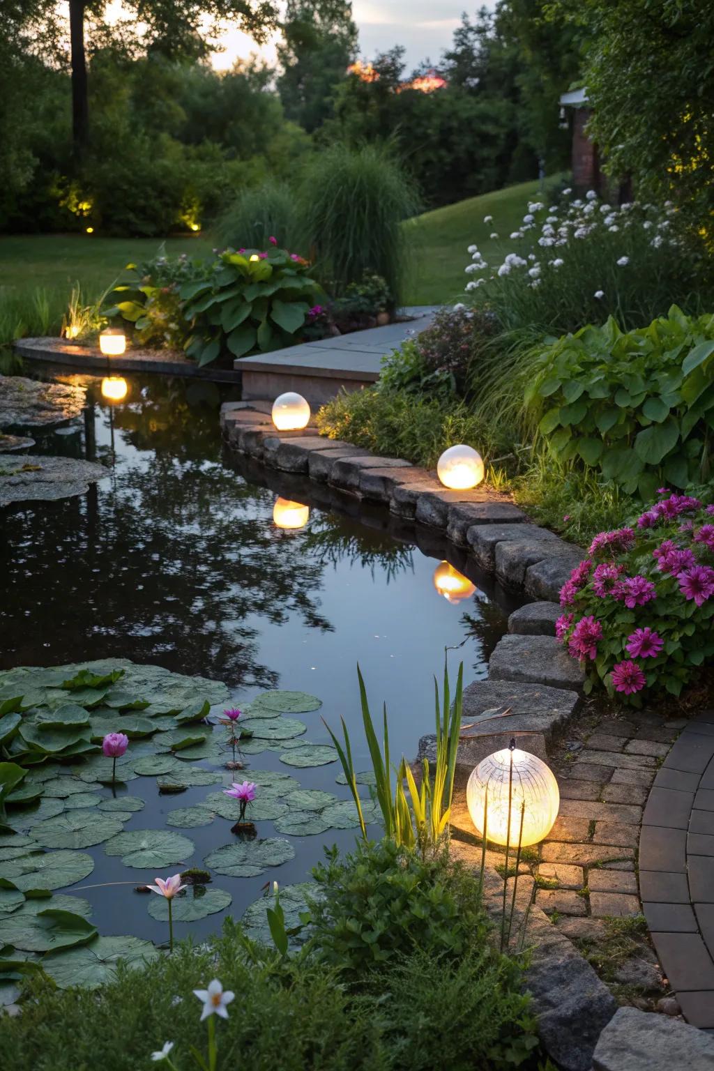 Enhance water features with reflective lighting for dramatic results.