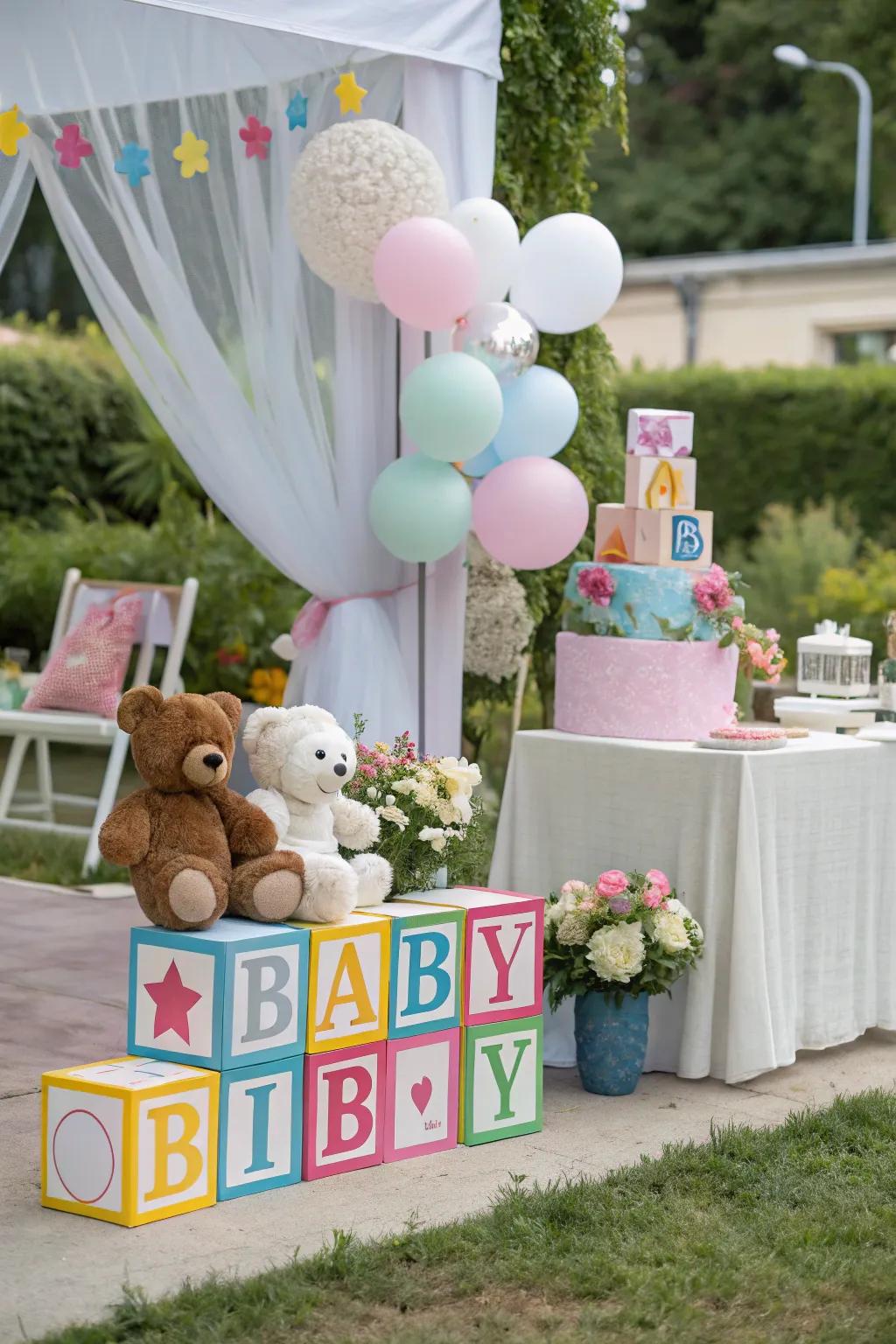Lovable infant motifs decorations inject appeal into the outdoor arrangement.