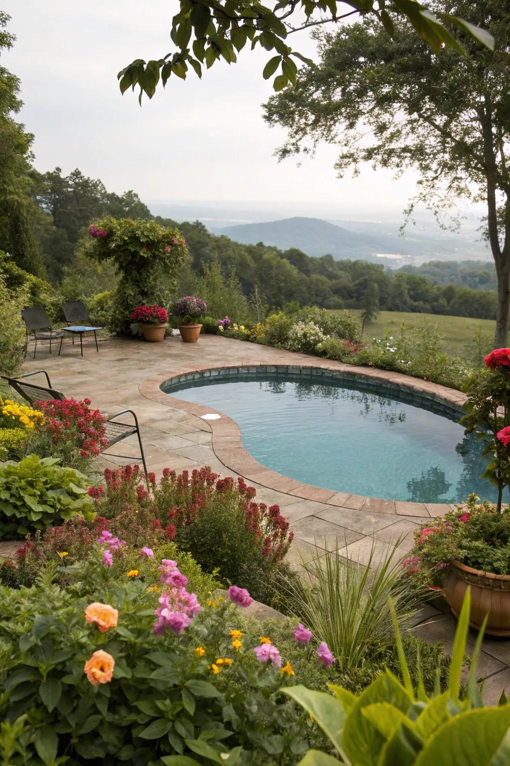 Opulent landscaping turns the pool deck into a peaceful getaway.