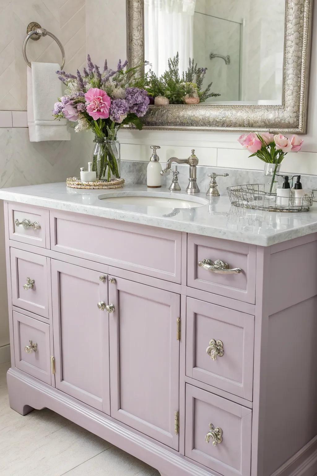Purple tones create a feminine and dreamy atmosphere.