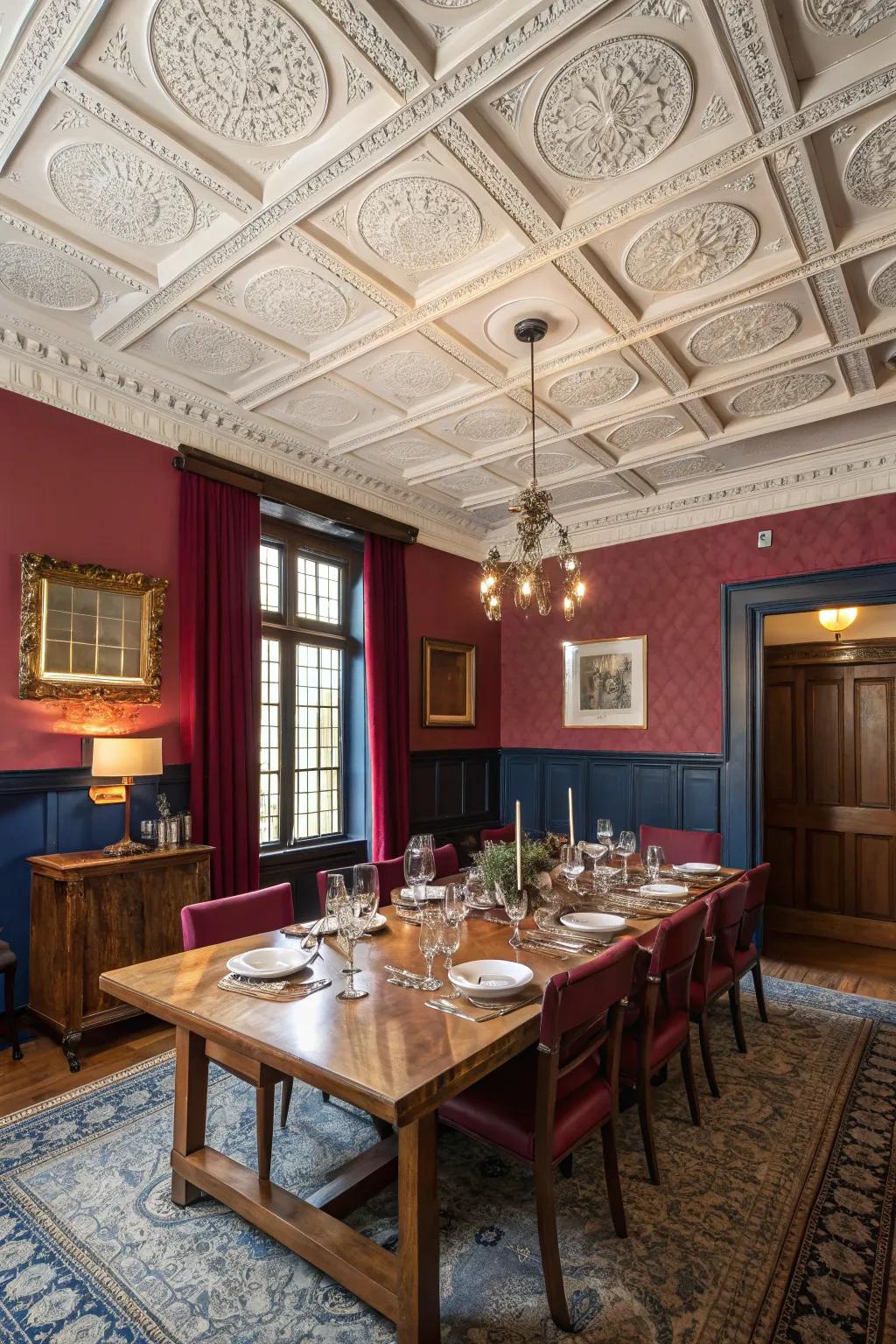 Recessed panels enrich dining areas with depth and sophistication.