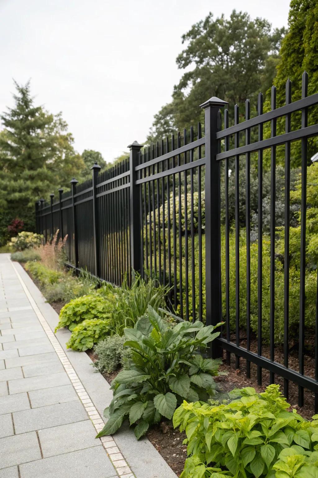 Black fences provide a refined contrast to rich greenery.