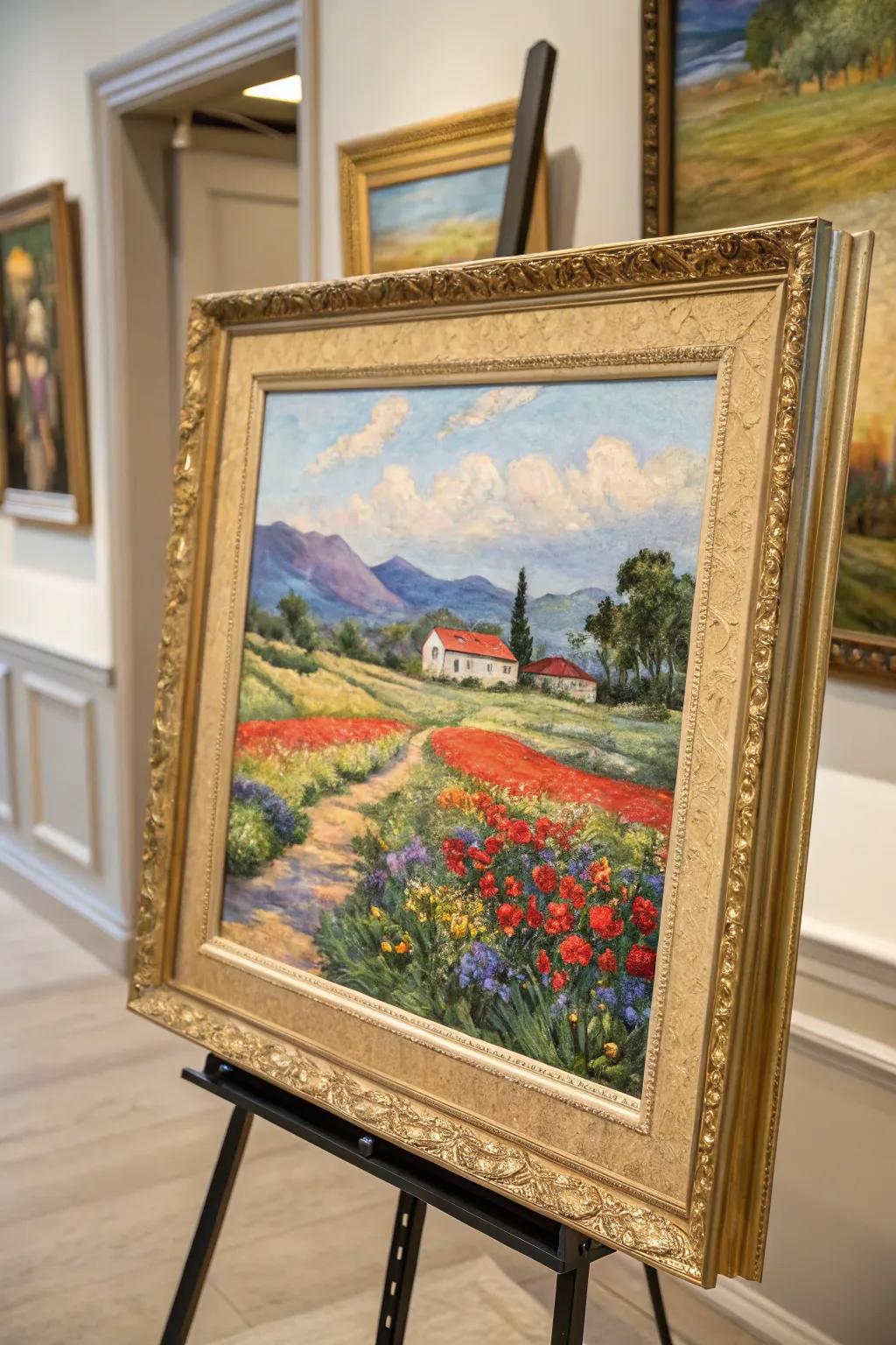 A colorful painting enhanced by a complementary frame.