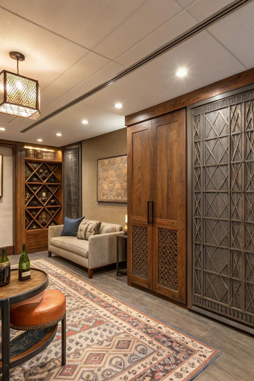 Area showcasing a mix of timber, textile, and metal panels.