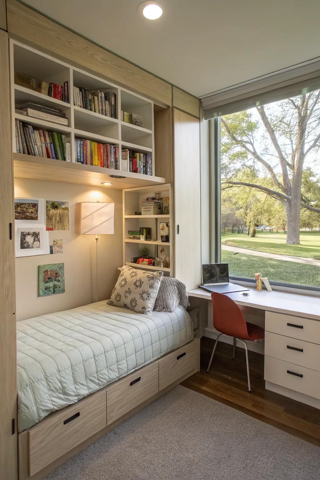 Clever storage options help maintain an organized and clutter-free setting.