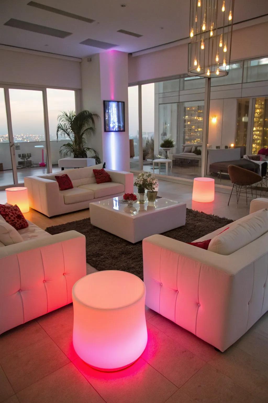 Add a contemporary vibe with glowing furniture.