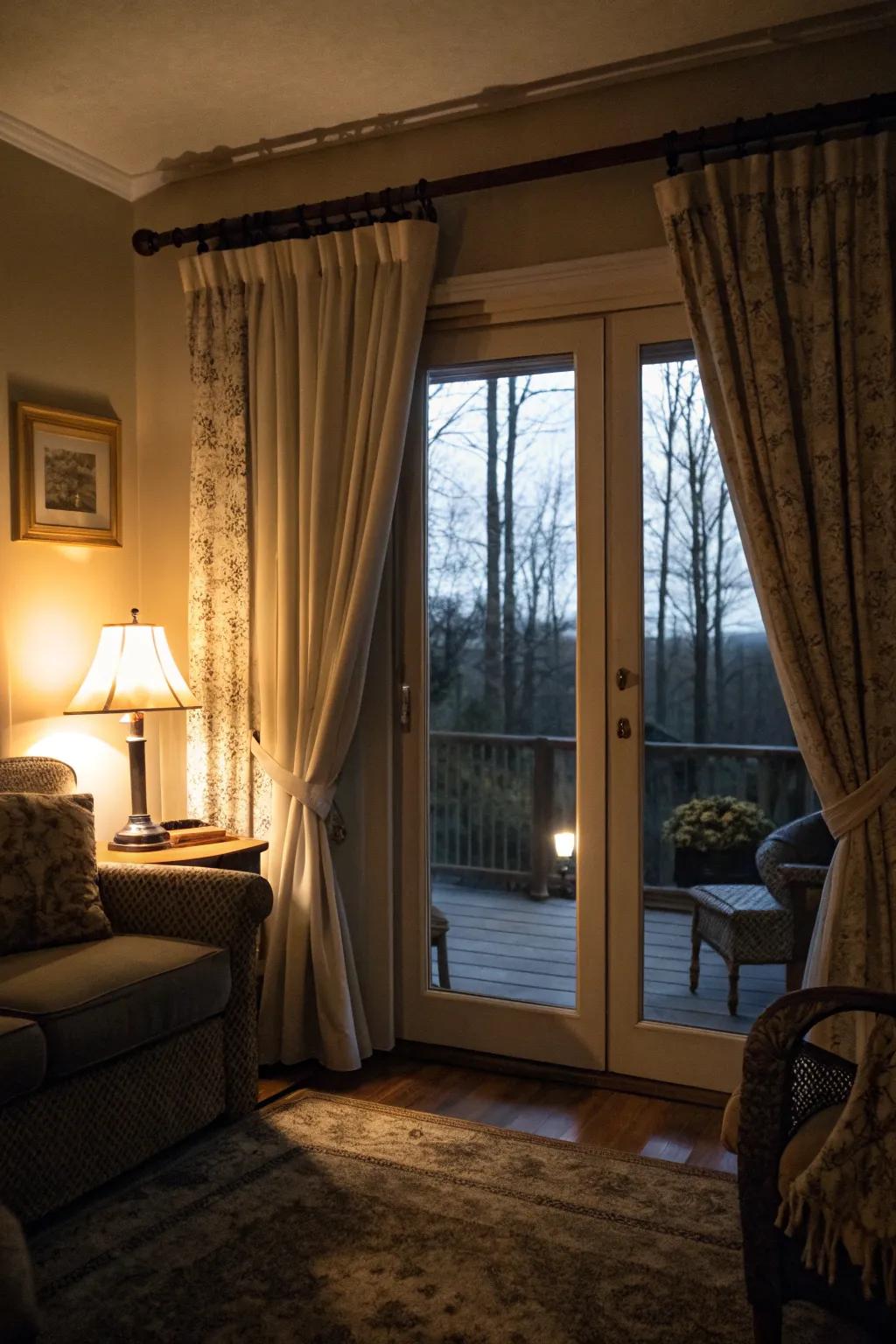 Blackout curtains offer privacy and light control for a snug atmosphere.