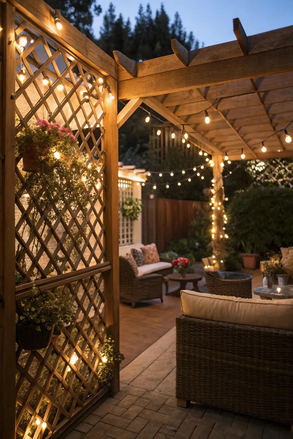 Cord lights entwined through weave segments conjure an enchanting evening ambiance.