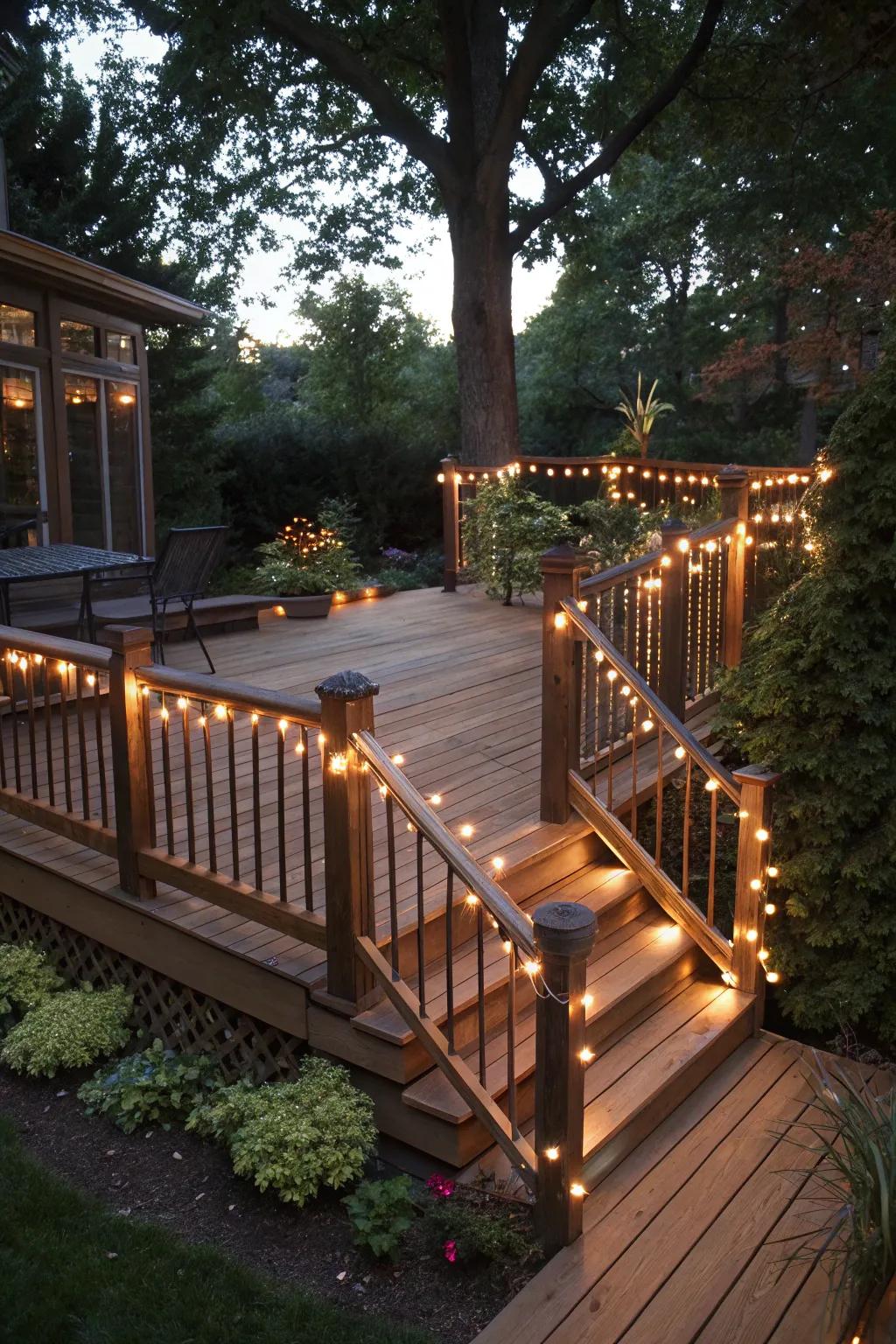 Emphasize deck railings with radiant lights.