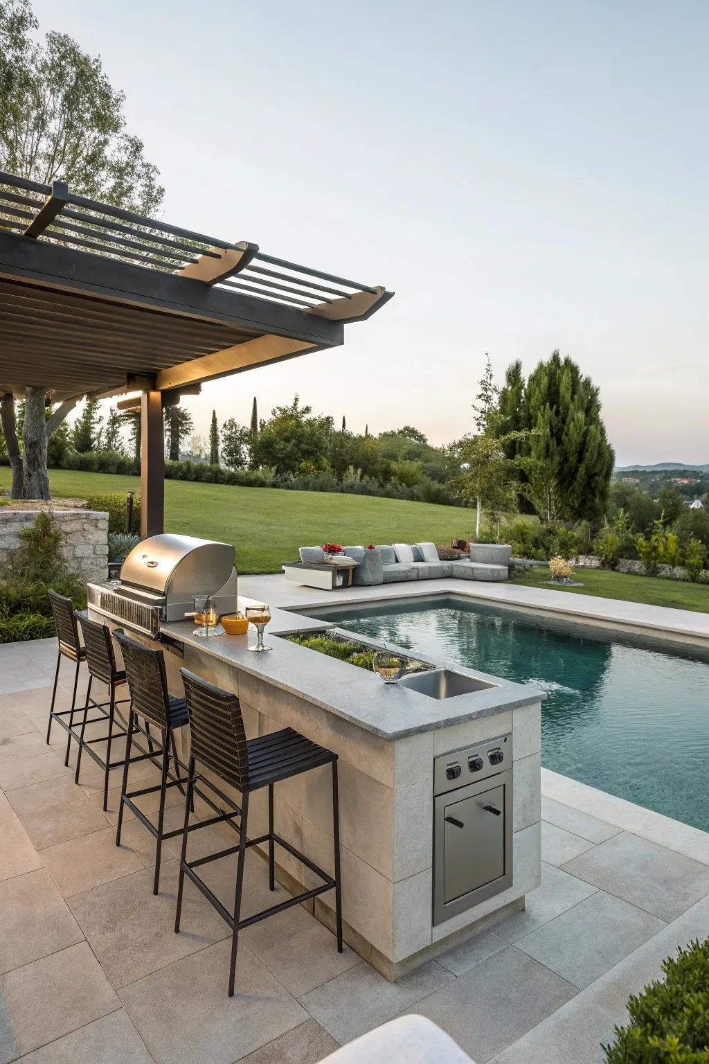 Prepare meals and delight poolside having an exterior cooking zone.