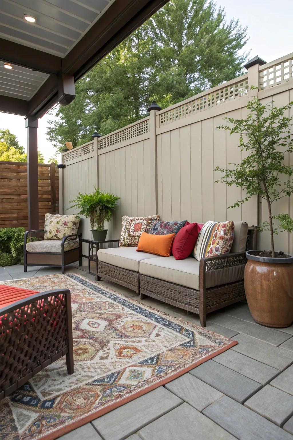 Inject color through decorative cushions and floor coverings.