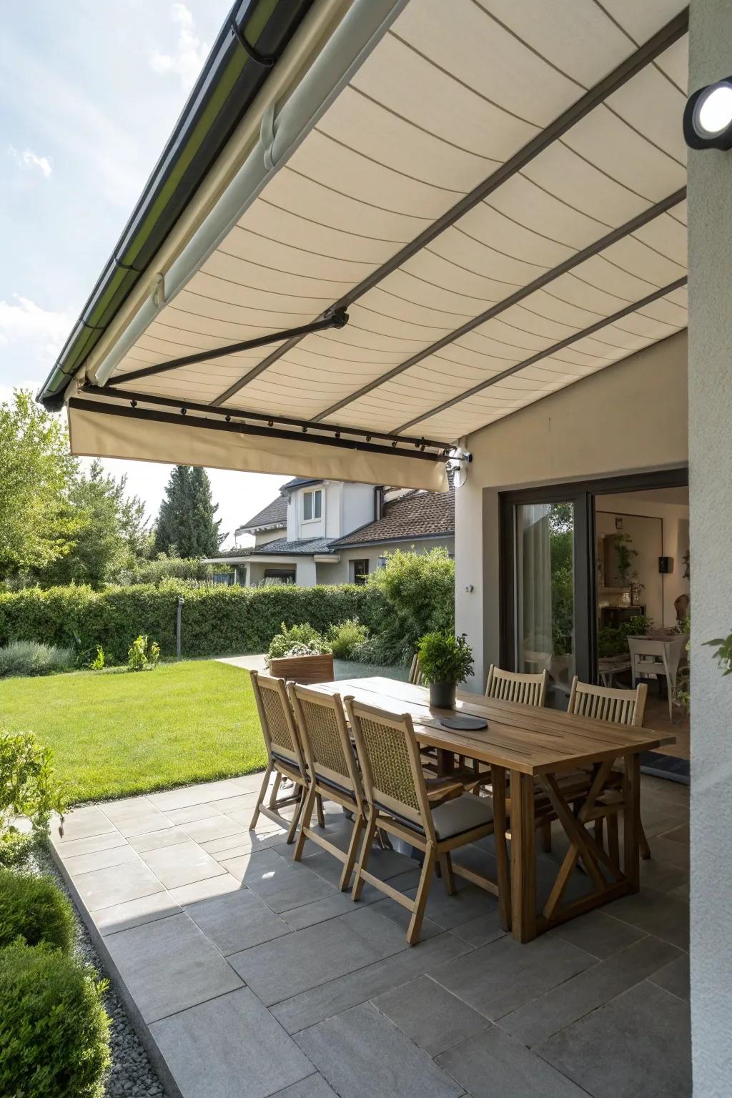 Adjustable awnings provide flexible shade alternatives.