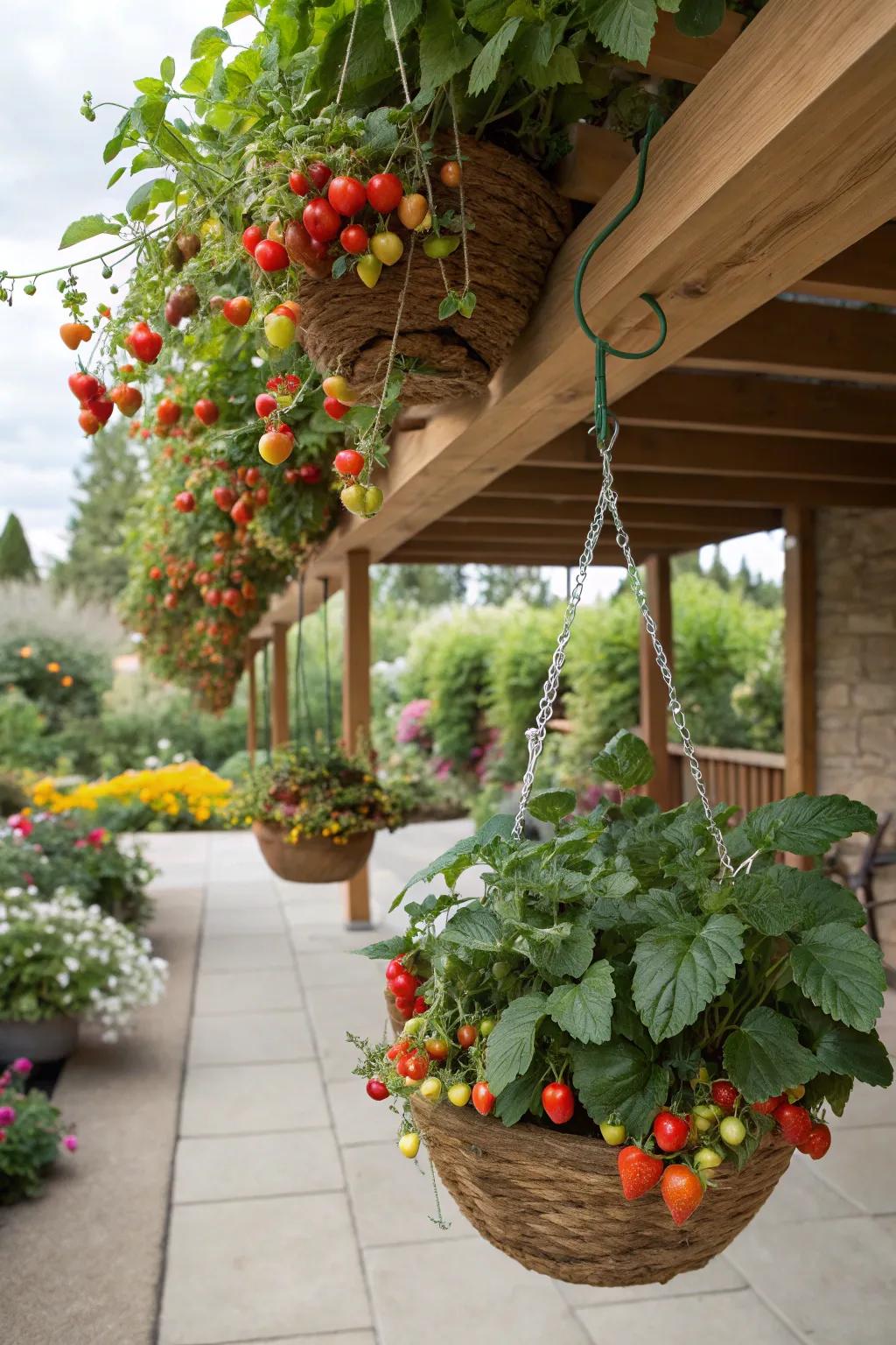 Hanging baskets enhance vertical charm and accessibility.
