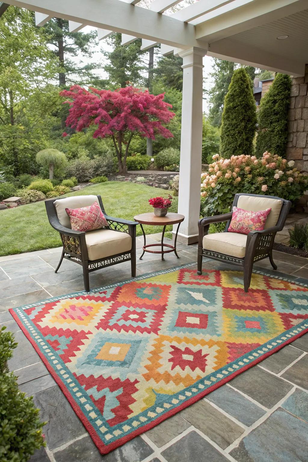 An outdoor rug introduces flair and comfort to the deck.
