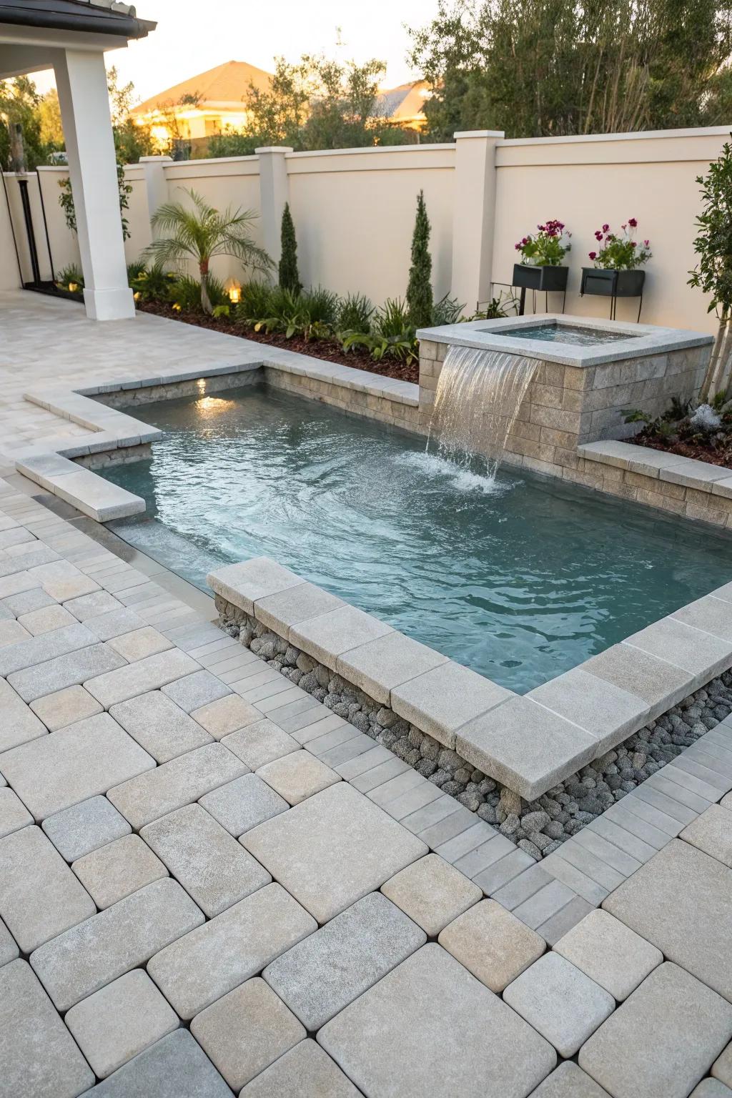 A water feature brings a serene and luxurious feel to the pool area.