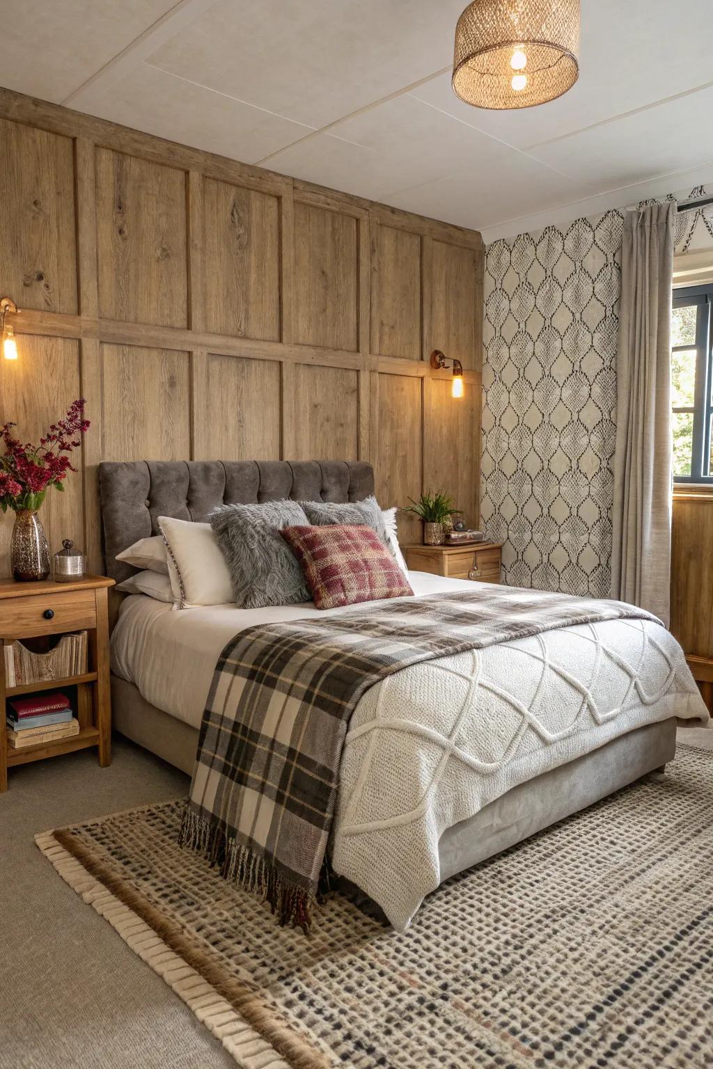 Textured design elements in a bedroom introduce depth and warmth to the area.