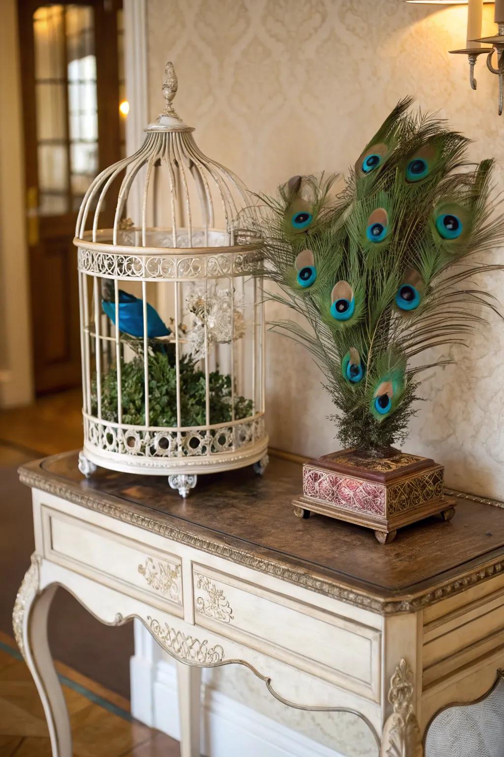 A whimsical caged bird centerpiece brimming with plume bird quills.