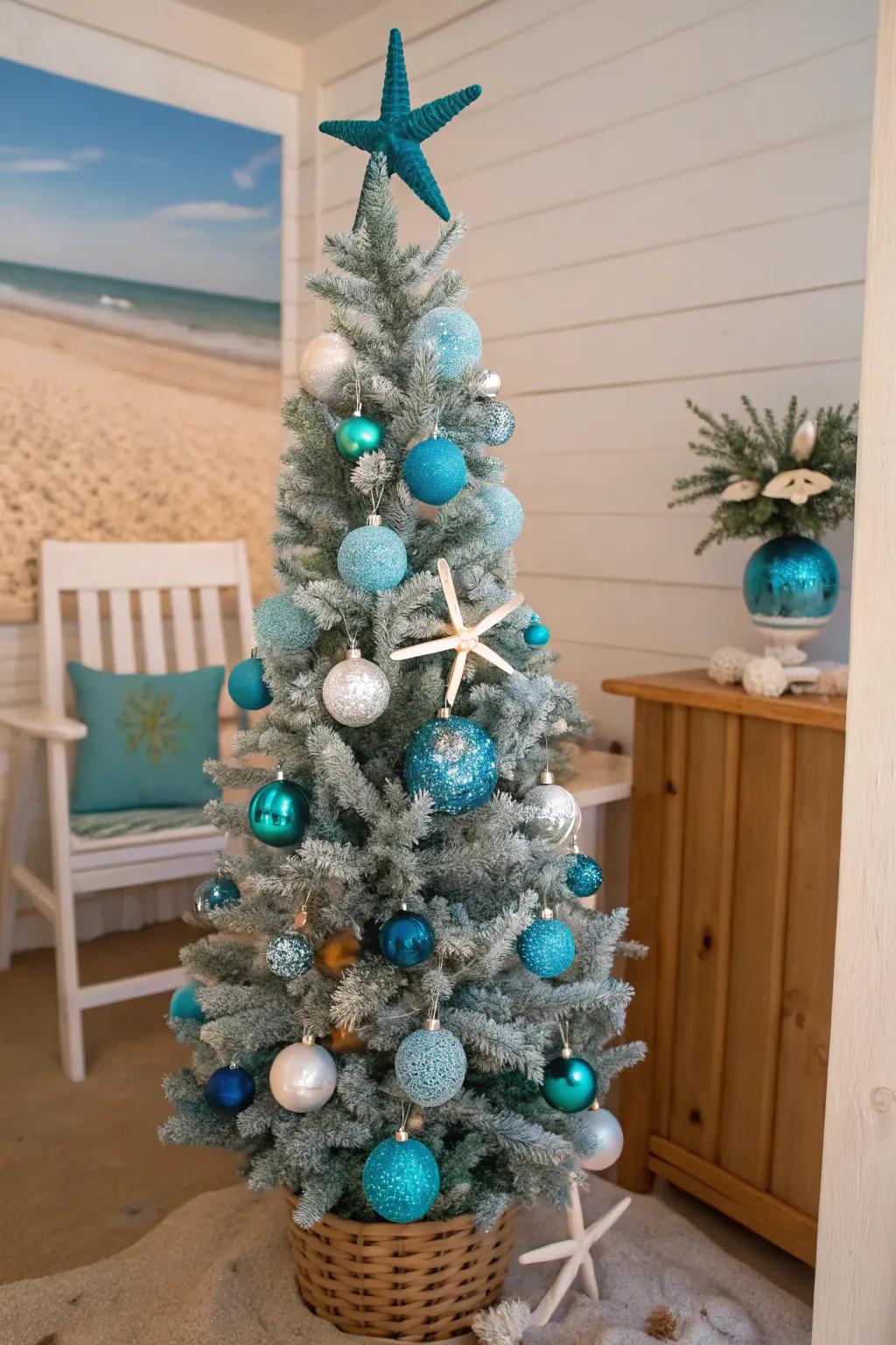 Coastal Christmas featuring a beach-inspired slender tree.
