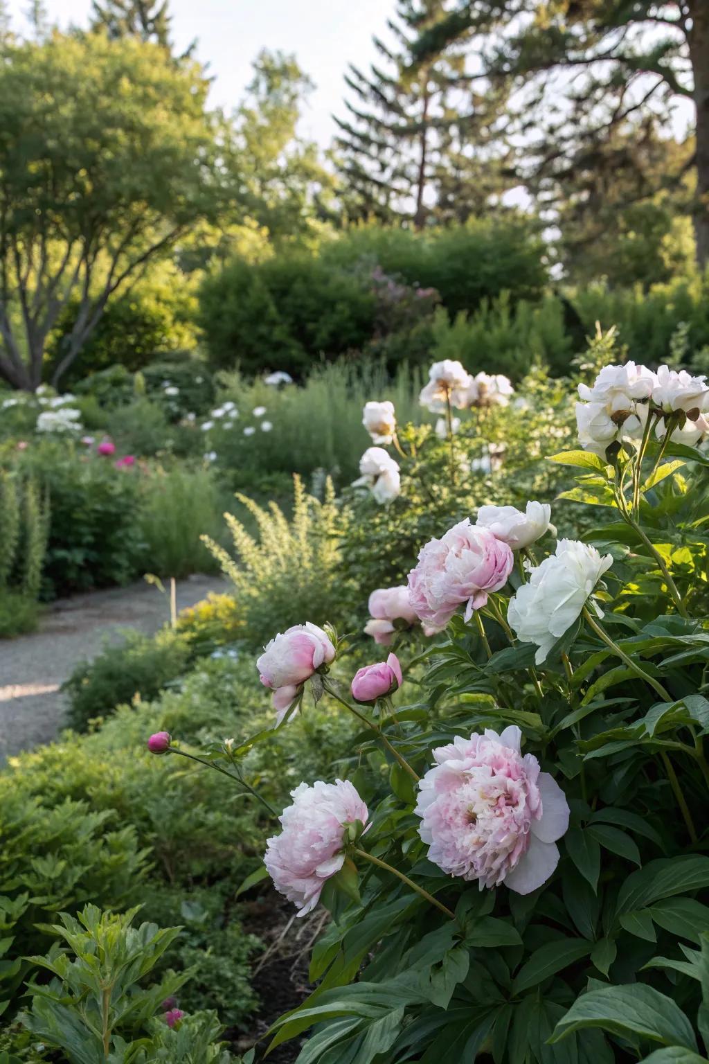 Abundant greenery amplifying the vibrant hues of peonies.