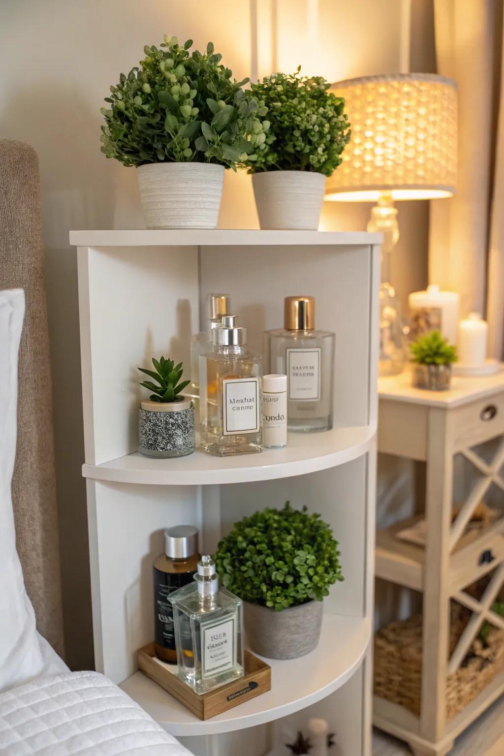 Corner ledges optimize space while spotlighting your scents.