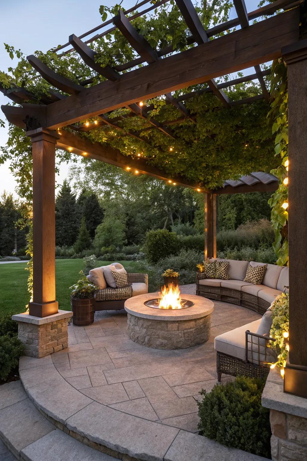 A fire pit establishes a snug gathering space beneath the pergola.